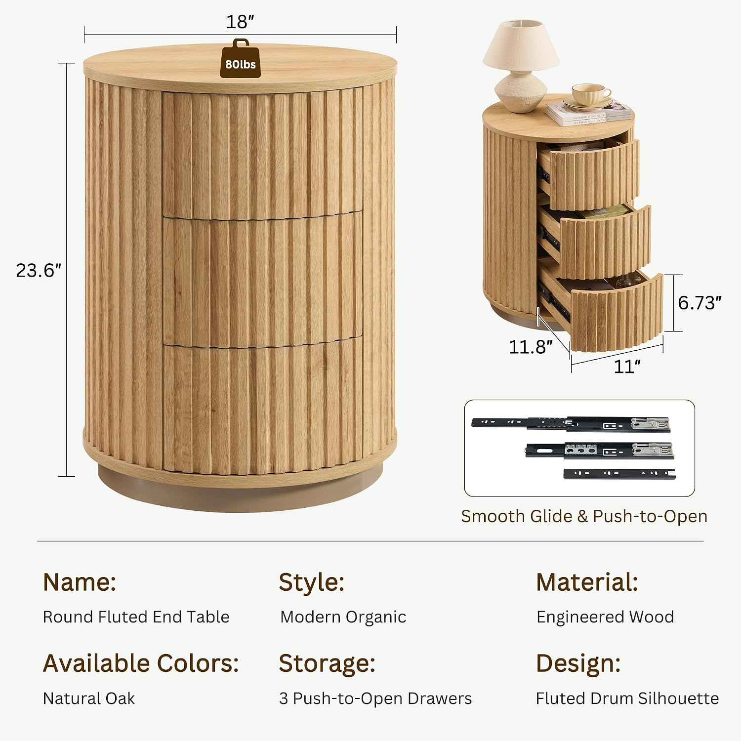 JXQTLINGMU Fluted Nightstand Set of 2 with 3 Push-to-Open Drawers, 24" Tall Round Side Table, Modern Wood End Table for Bedroom, Living Room or Small Spaces, Natural Oak