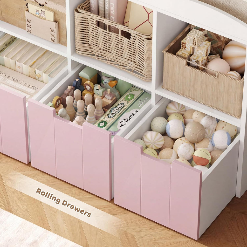 HITHOS Kids Toy Storage Organizer with Bookshelf, Multifunctional Book Shelf with 3 Movable Toy Organizers for Kids Room, Kids Bookcase and Toy Box, Toy Storage Chest for Playroom, Pink