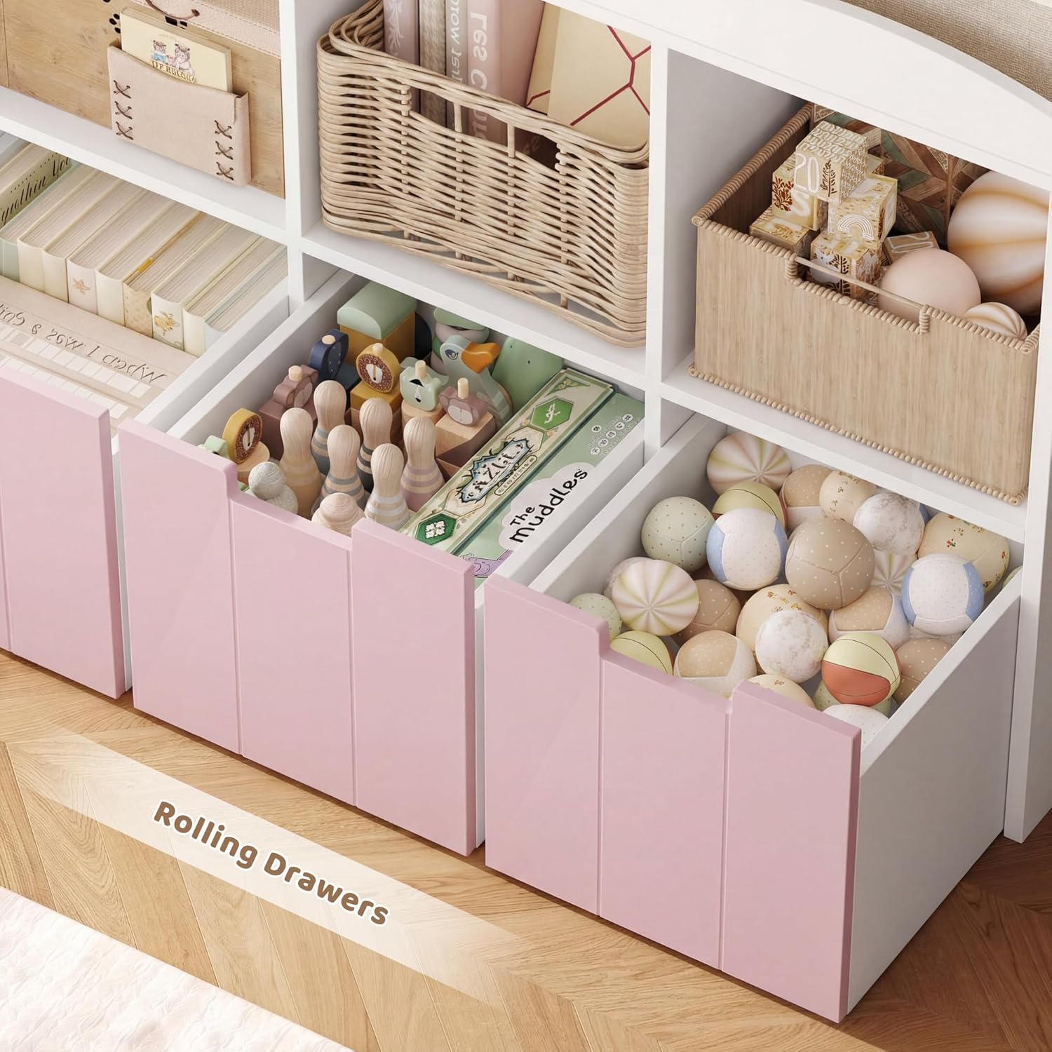 HITHOS Kids Toy Storage Organizer with Bookshelf, Multifunctional Book Shelf with 3 Movable Toy Organizers for Kids Room, Kids Bookcase and Toy Box, Toy Storage Chest for Playroom, Pink