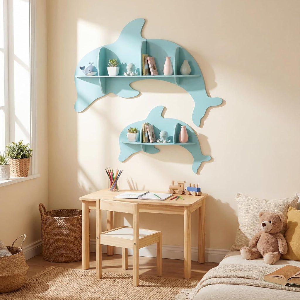 HONEY JOY Wall Mounted Kids Book Shelves Set of 2, Dolphin-Shaped Floating Book Shelves w/Compartments, Space-Saving Cute Bookcases, Wooden Display Storage Rack for Bedroom Nursery Kindergarten