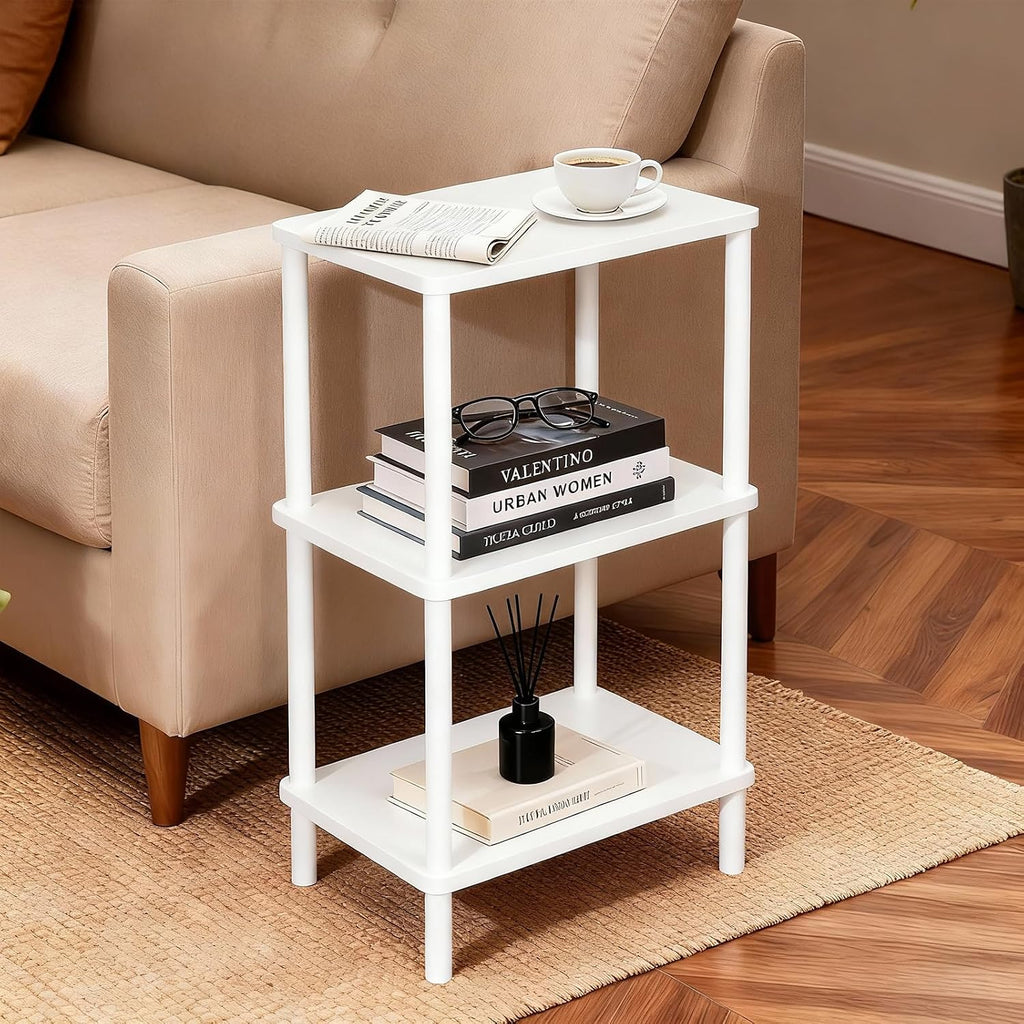 YGYQZ 3 Tier White Side Table ，Small End Table with Solid Wood Legs，28' Tall Bedside Table with Storage Shelf，Nightstand for Small Spaces，Living Room,Bedroom，Bathroom,No Tool Installation