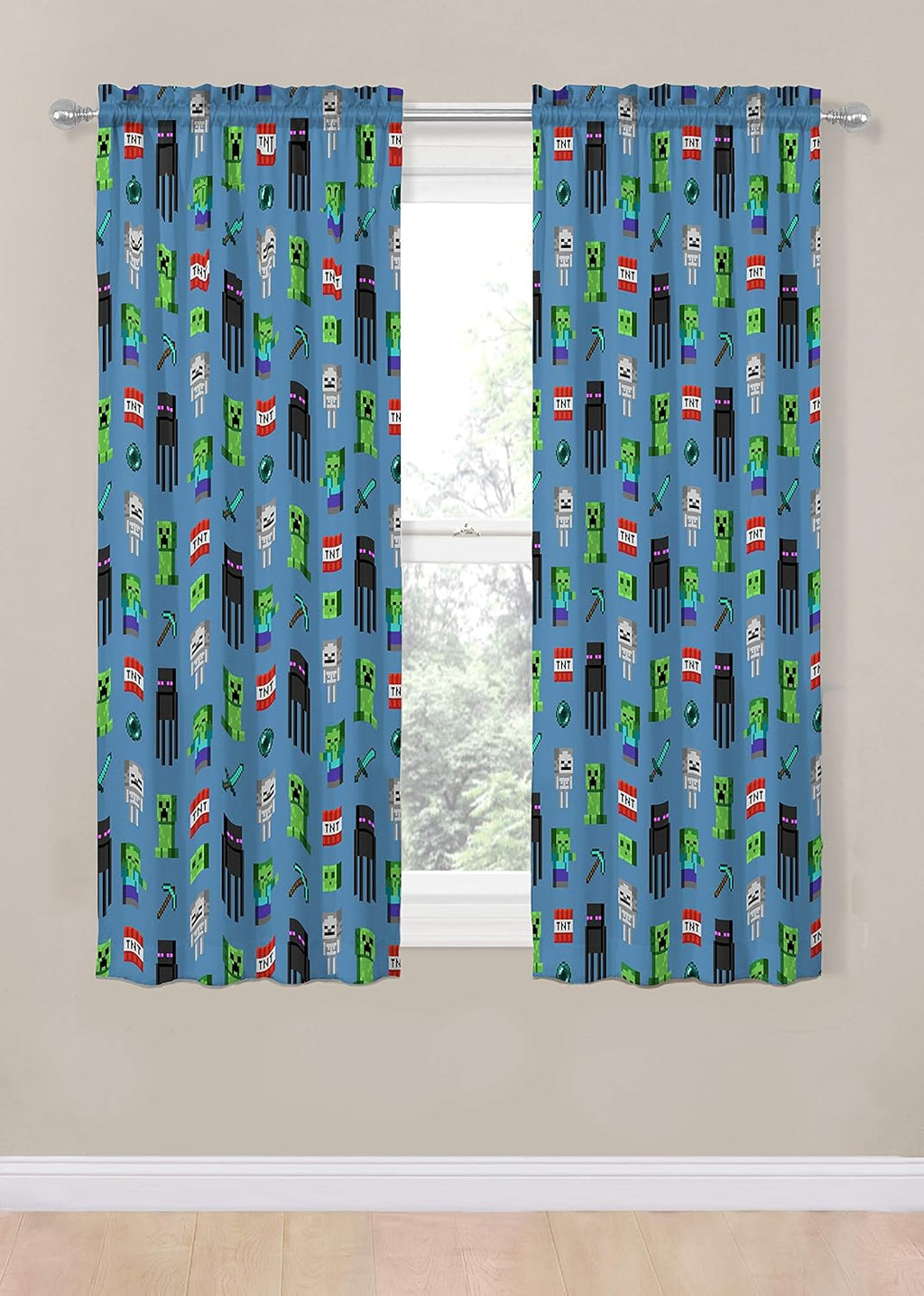 Jay Franco Kids Window Drapes - 4 Piece Curtain Set Includes 2 Tiebacks, Beautiful Bedding Room Décor and Easy Set Up, Blue - Minecraft, 63 Inch