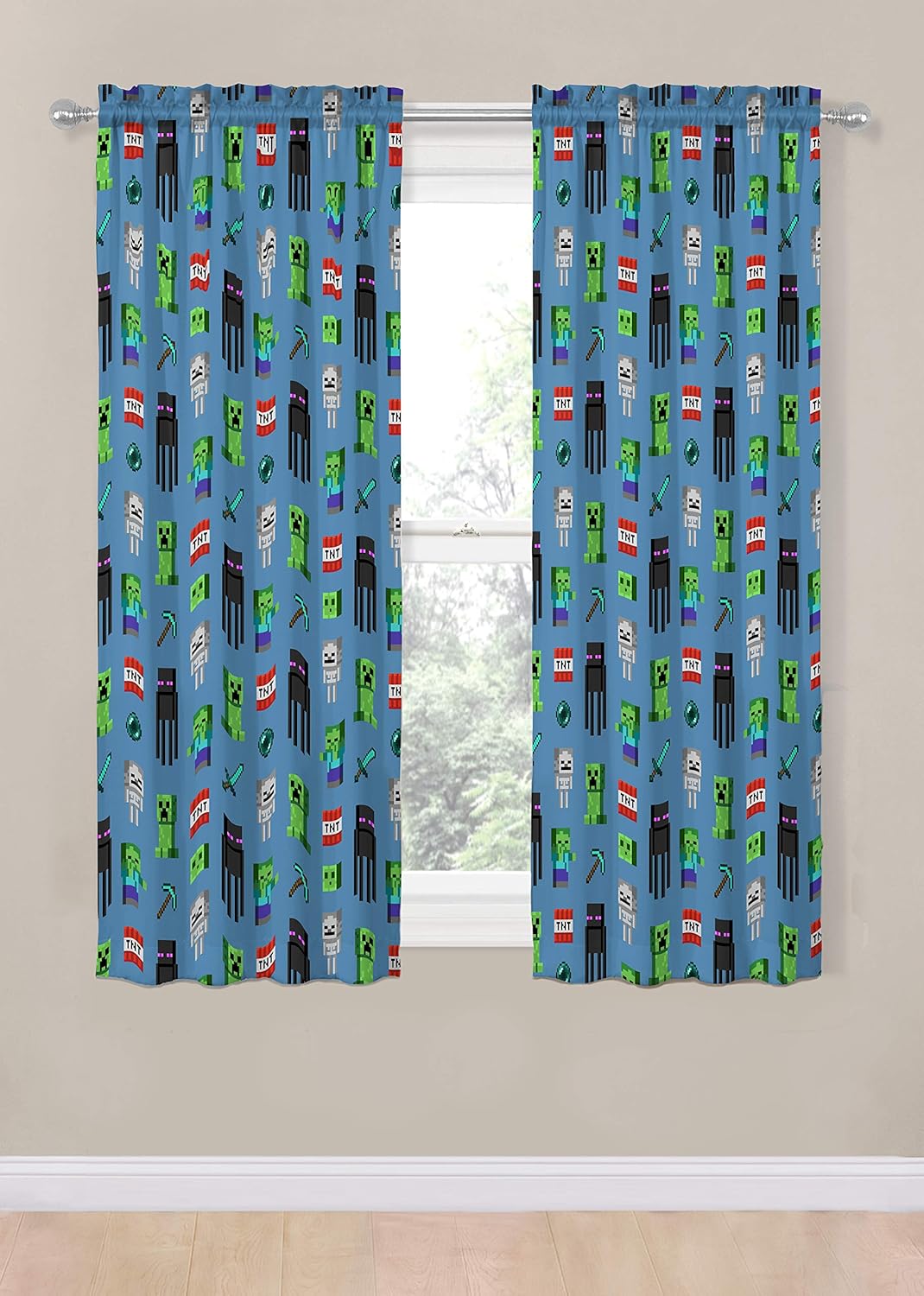 Jay Franco Kids Window Drapes - 4 Piece Curtain Set Includes 2 Tiebacks, Beautiful Bedding Room Décor and Easy Set Up, Blue - Minecraft, 63 Inch