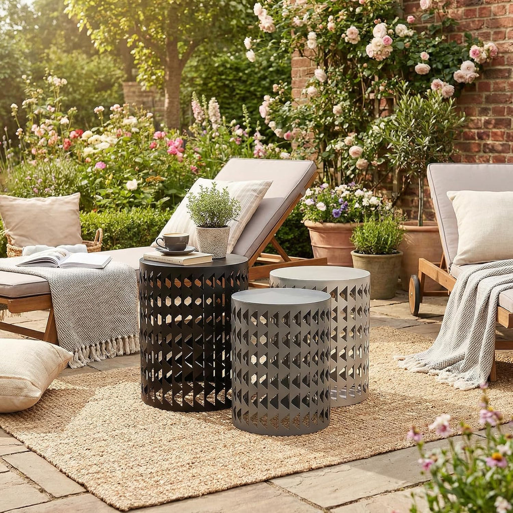 Outdoor Side Table, Outdoor Nesting Tables Set of 3, Patio Side Table End Table for Outside Living Room Balcony Garden Outdoor Indoor (Black & Gray)