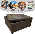 Brown PU Leather Large Square Storage Ottoman with Nailhead Trim for Living Room,30" Vintage Faux Leather Upholstered Ottoman Coffee Table,Tufted Ottomans with Storage and Seating