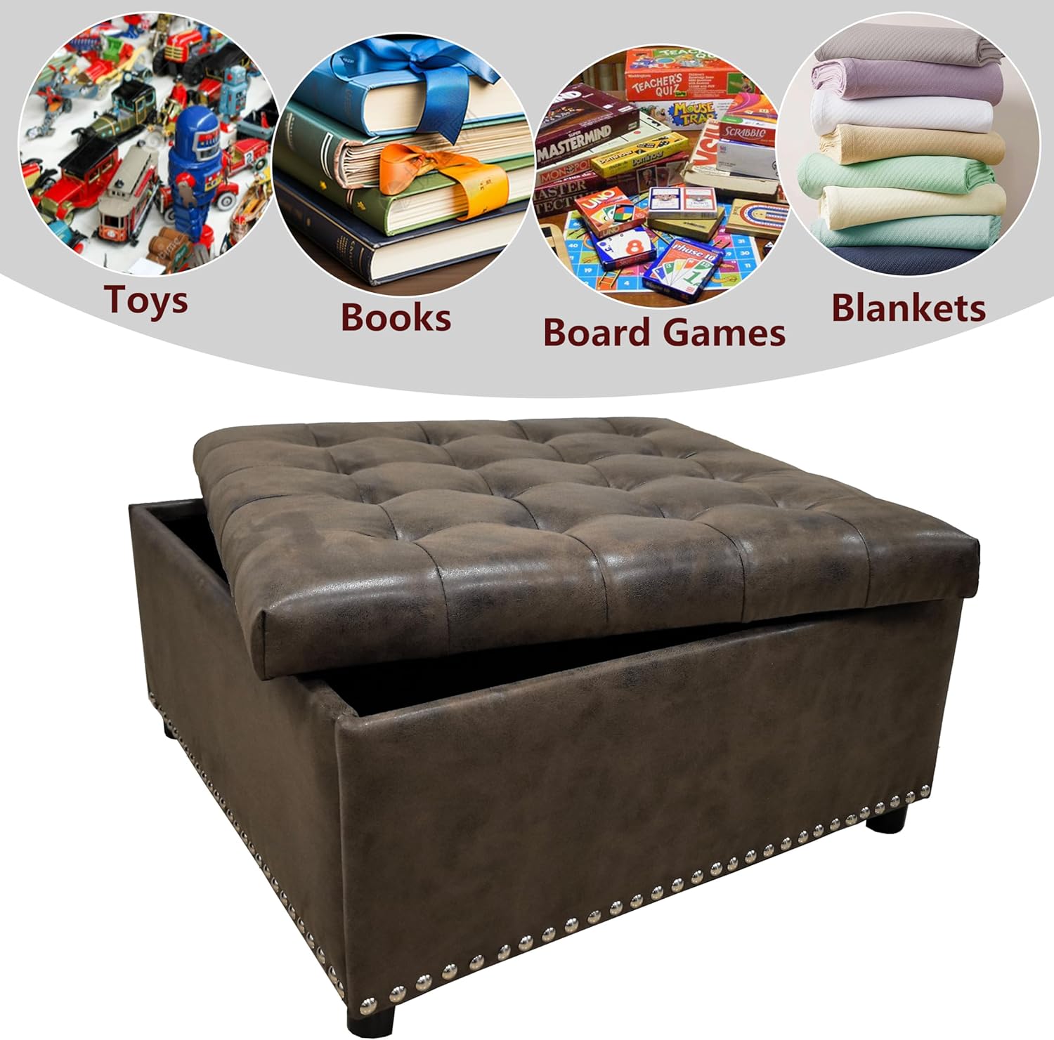 Brown PU Leather Large Square Storage Ottoman with Nailhead Trim for Living Room,30" Vintage Faux Leather Upholstered Ottoman Coffee Table,Tufted Ottomans with Storage and Seating