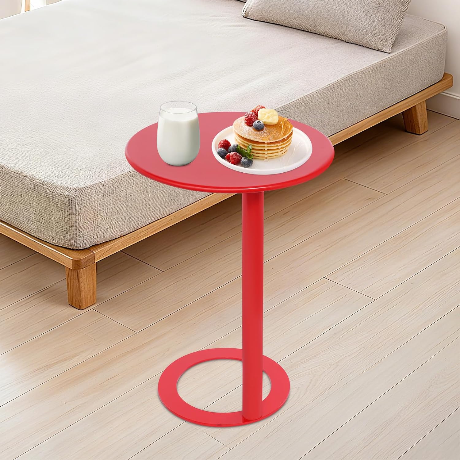C-Shaped Side Table for Small Spaces - Modern Round End Table Slides Under Sofa, Couch, Bed - Space Saving Furniture 18.9" (Red)