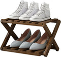 Skinny Shoe Rack, Shoe Rack Bamboo: 2 Tier Foldable Skinny Shoes Organizer, Extendable Narrow for Entryway, Closet, Brown