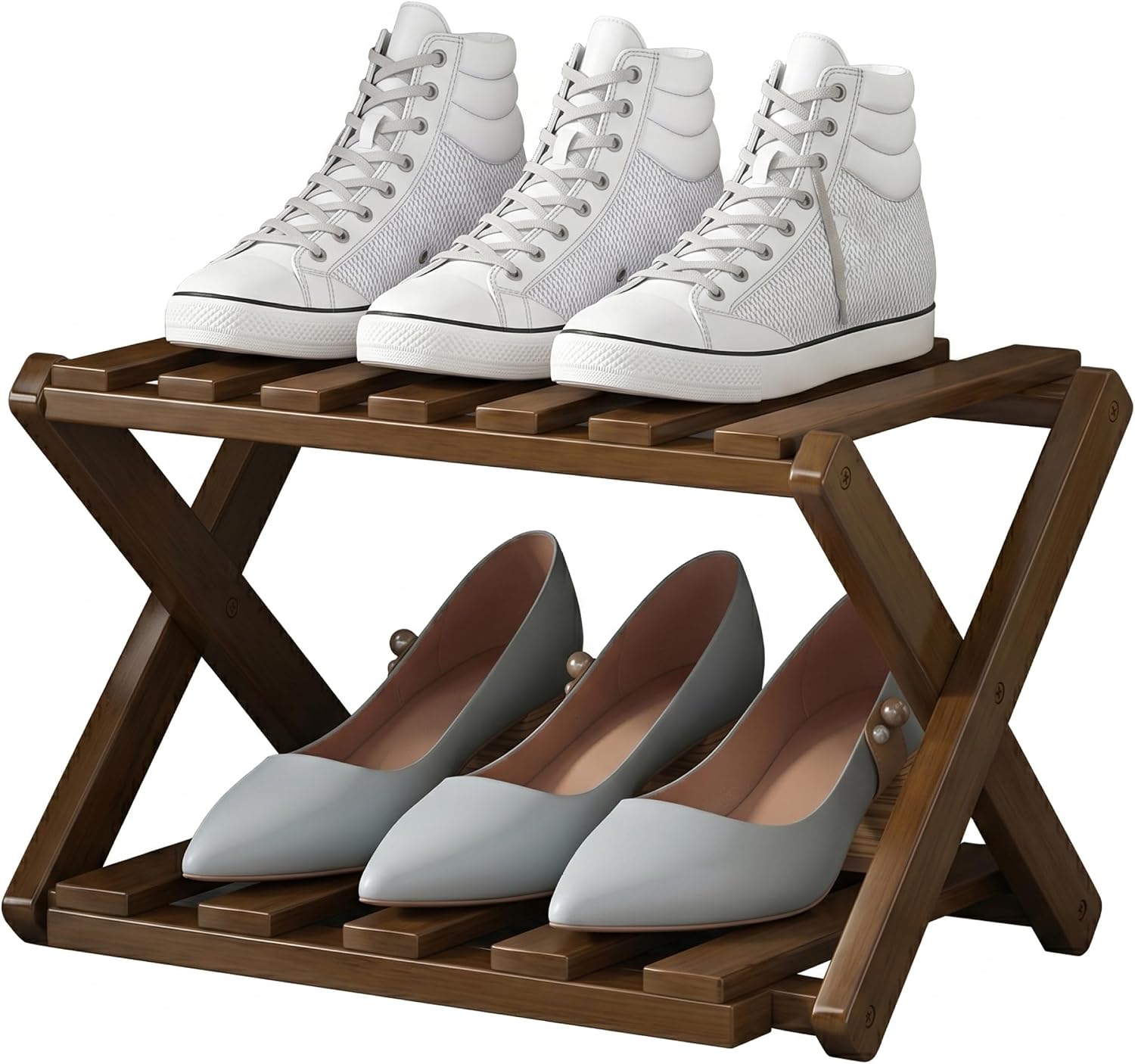Skinny Shoe Rack, Shoe Rack Bamboo: 2 Tier Foldable Skinny Shoes Organizer, Extendable Narrow for Entryway, Closet, Brown