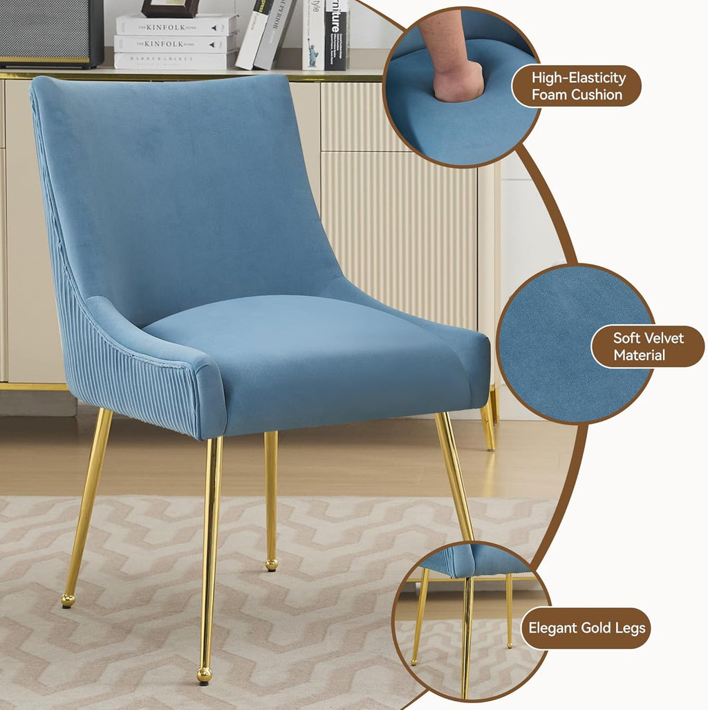 WUTUTUEE Velvet Dining Chairs Set of 2 Gold Legs,Upholstered Velvet Accent Chairs, Pleated Back Design & Gold Pull Handle, Mid Century Modern Chairs for Dining/Kitchen/Living Room,Light Blue