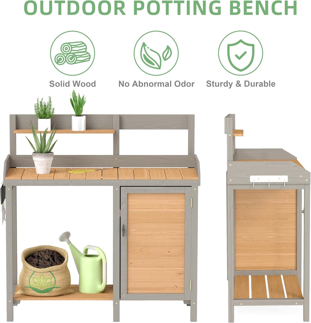 Outdoor Wooden Potting Bench Table with Sink, Garden Table Work Bench with Storage, Workstation for Outside Patio Lawn
