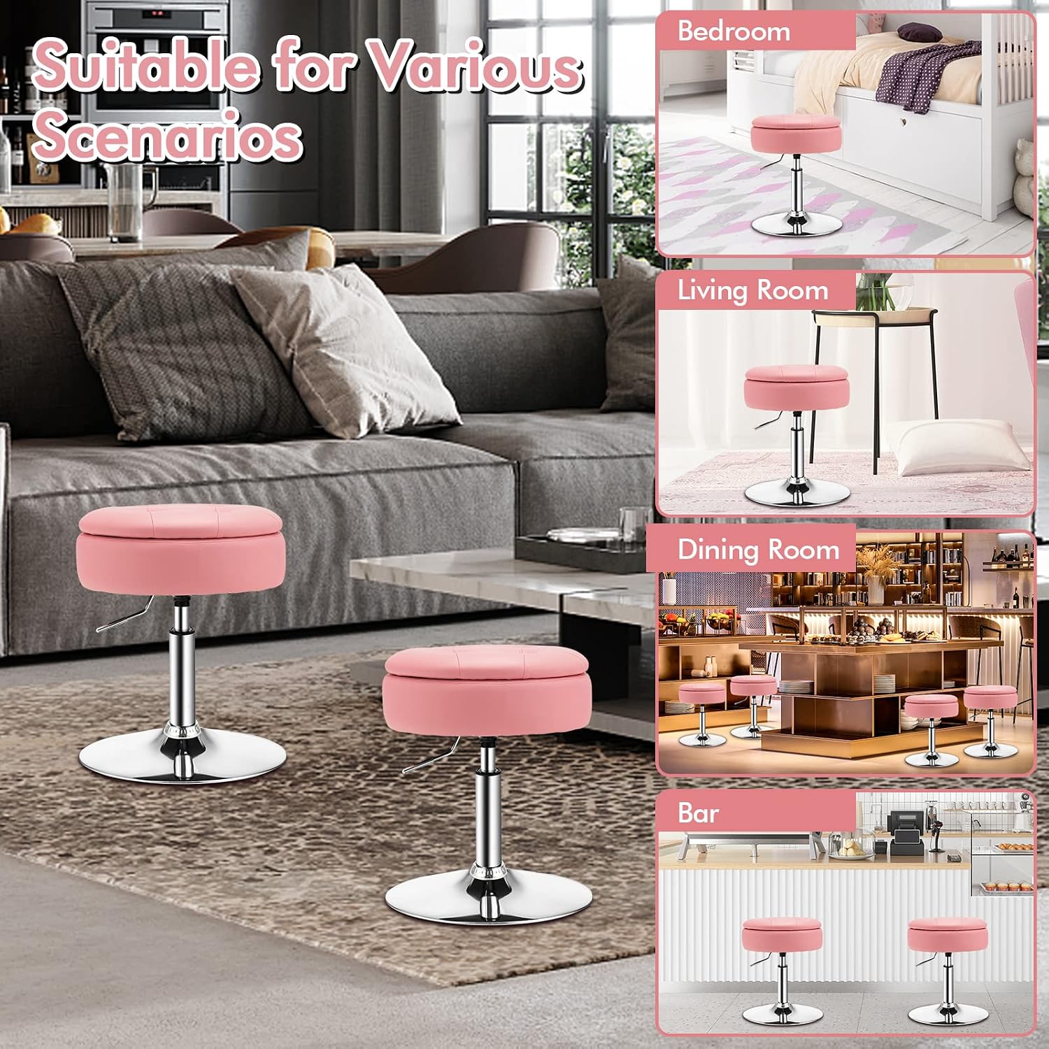 COSTWAY Counter Height Bar Stool, Tufted PU Leather 20"-26" H Adjustable Swivel Vanity Chair with Removable Tray Top and Storage Space, Modern Round Ottoman for Makeup Kitchen Island Shop, Pink