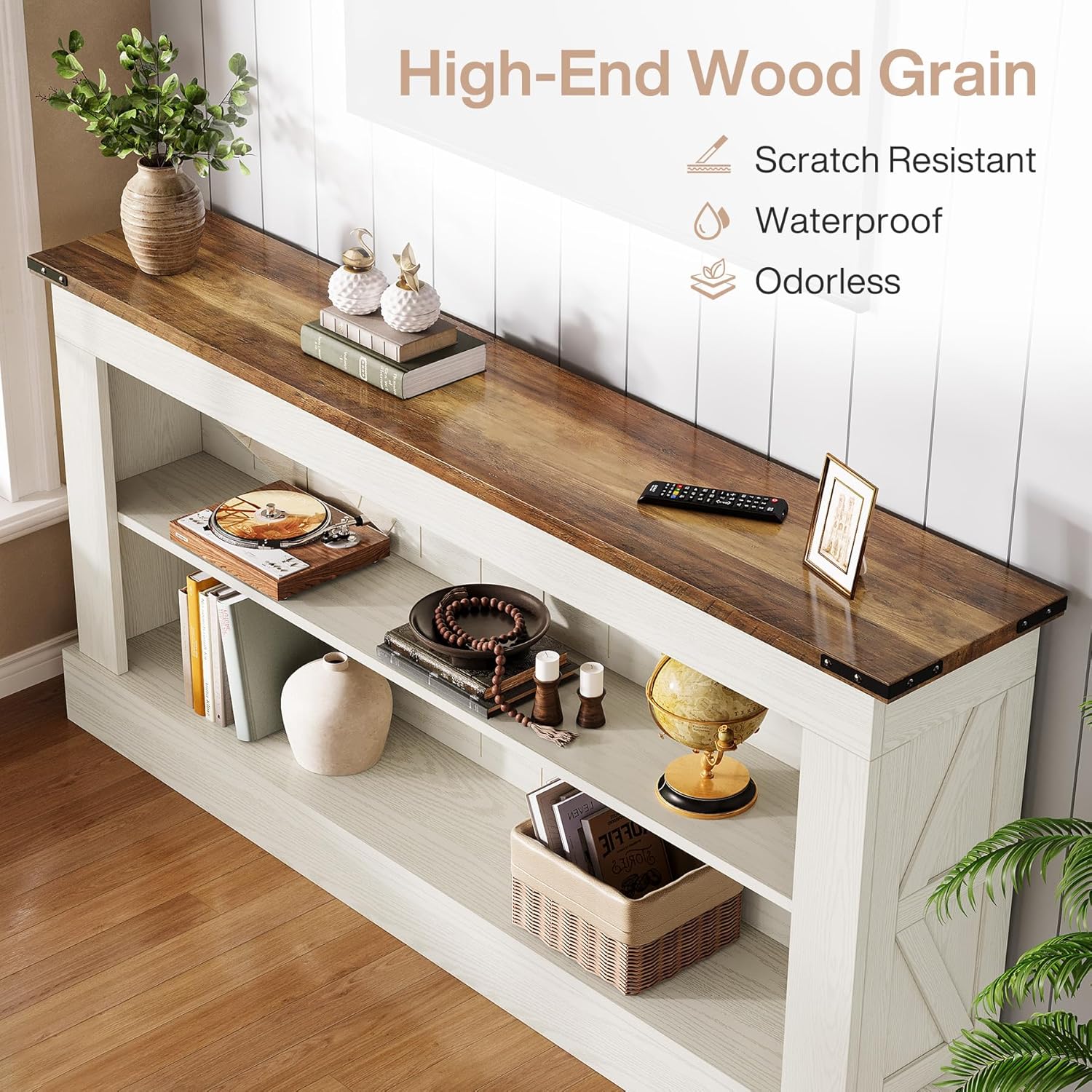 Tribesigns 63-Inch Long Console Table for Entryway, Narrow Long Entry Table with Shelves for Living Room, Farmhouse Sofa Console Behind Couch, for Foyer, Hallway, White and Brown