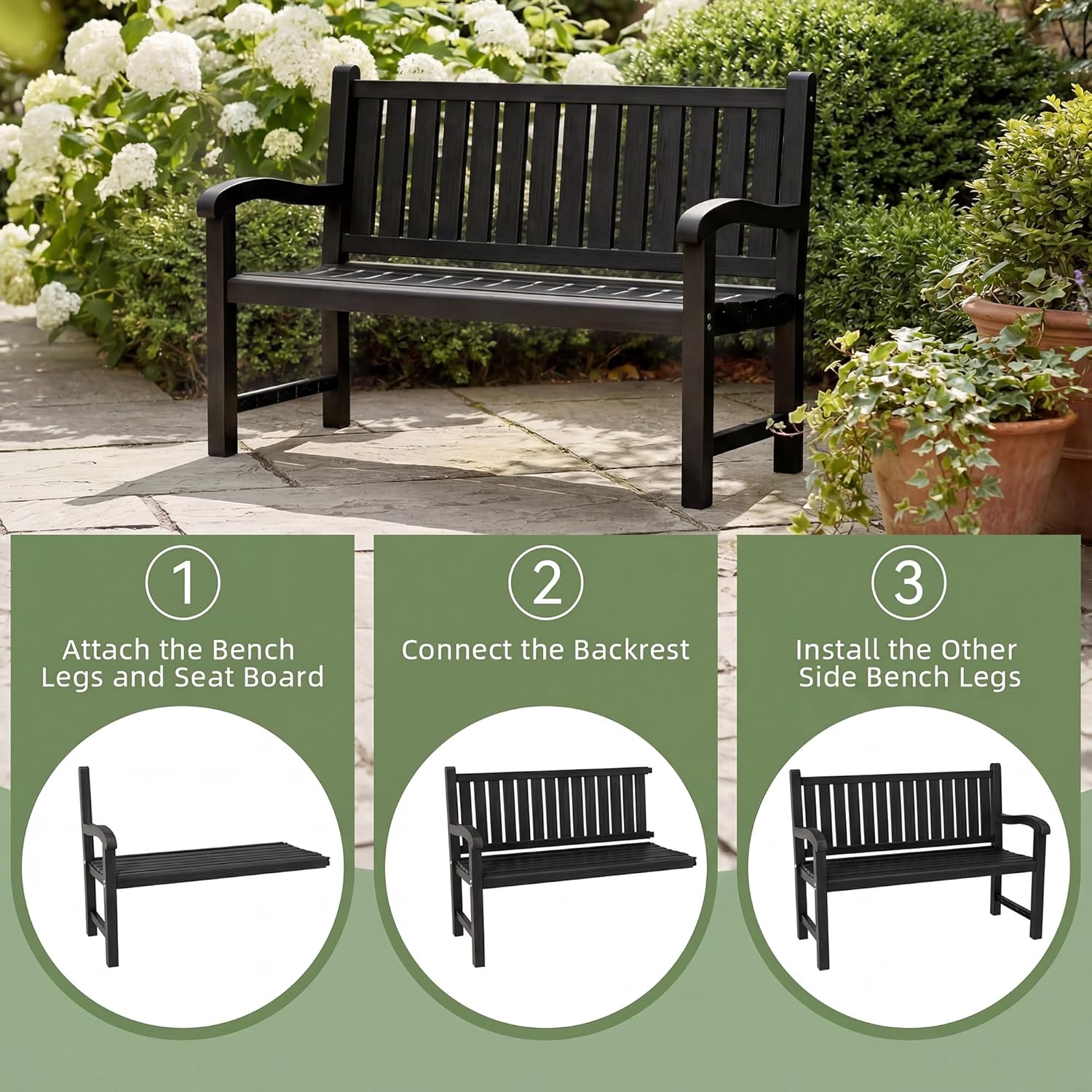 Outdoor Bench, 2-Person Outdoor Benches Weatherproof with 600 lbs Weight Capacity, Low Maintenance, Garden Bench for Patio, Park, Porch, Backyard, Balcony and School (Black)