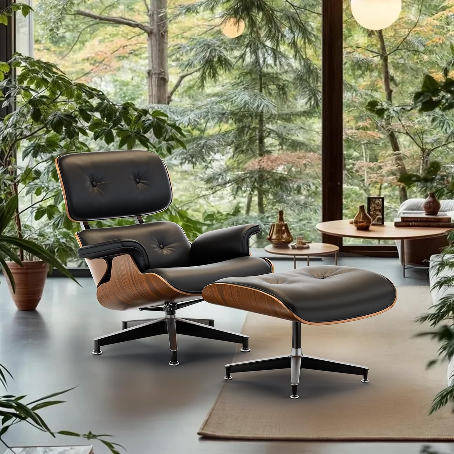 Top Black PU Leather, Mid Century Chaise Lounge Chair and Ottoman, Modern Chair Classic Design, Walnut Wood, Heavy Duty Base Support for Living Room Office