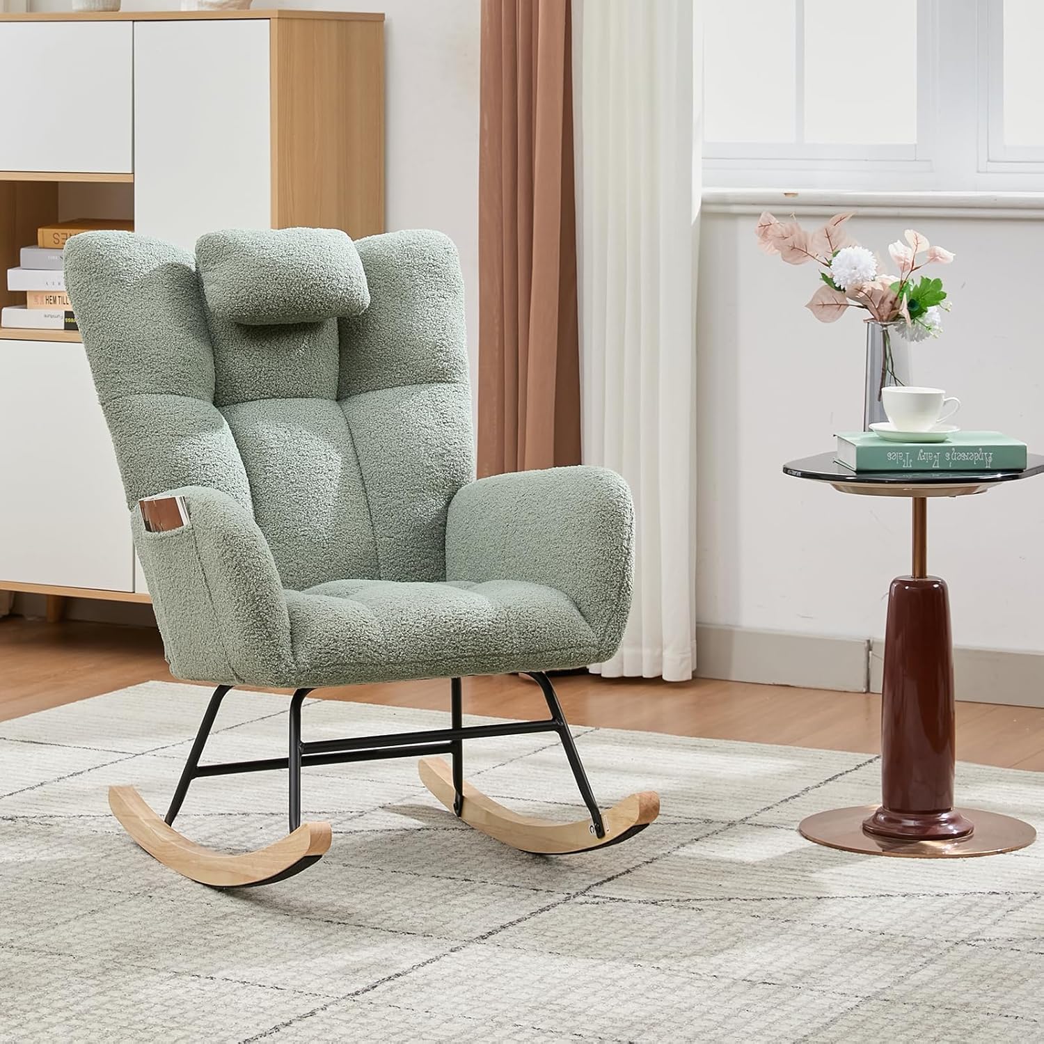 Rocking Chair Nursery Teddy, Upholstered Baby Fluffy Glider Rocker for Adults Small Spaces Indoor,Nursing Chairs for Living Room, Bedroom,Green