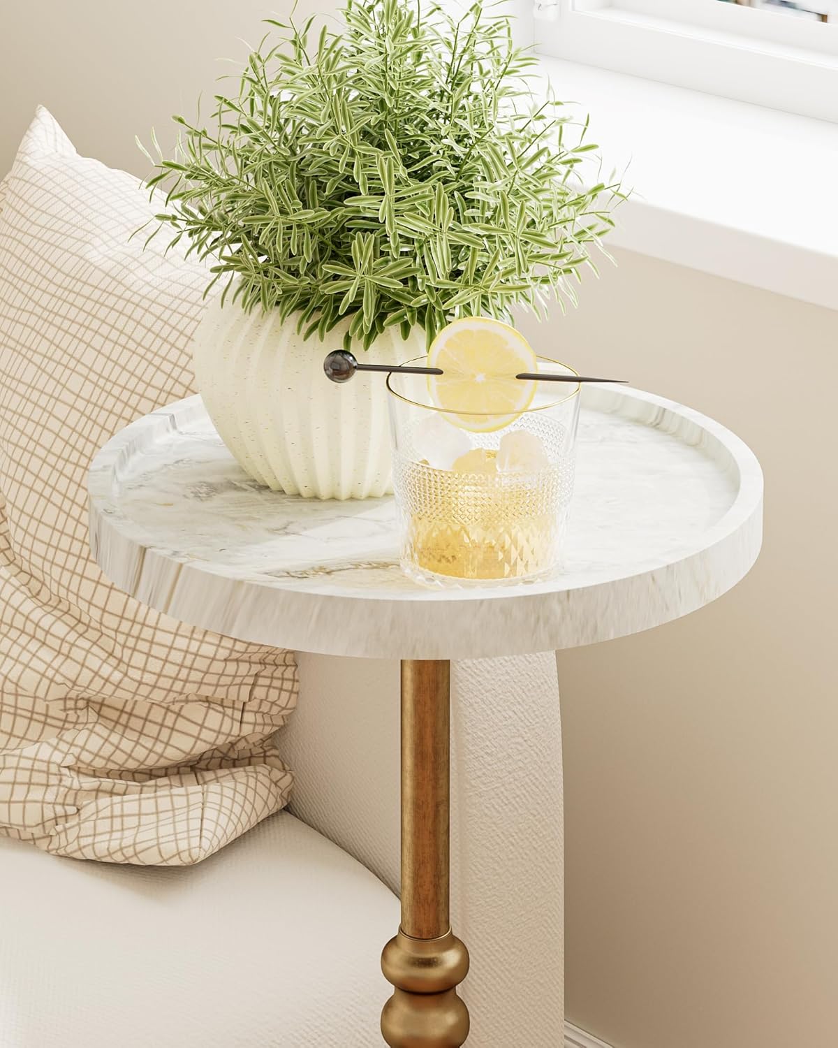 Brass Distressed Iron Round Pedestal End Table, 25 Inch Vintage Martini Cocktail Accent Table with Tray Top for Living Room, Bedroom (White Marble)