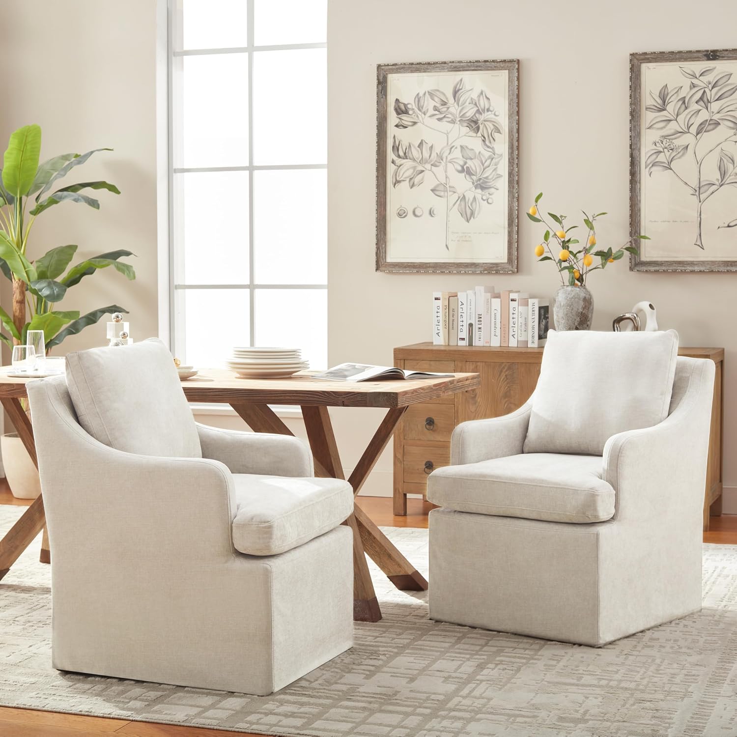 VKNOW Upholstered Dining Chairs Set of 2, Modern Kitchen Chairs Dinner Chairs with 4 Casters, Chenille Armchair for Bedroom Reading Room Living Room, Beige