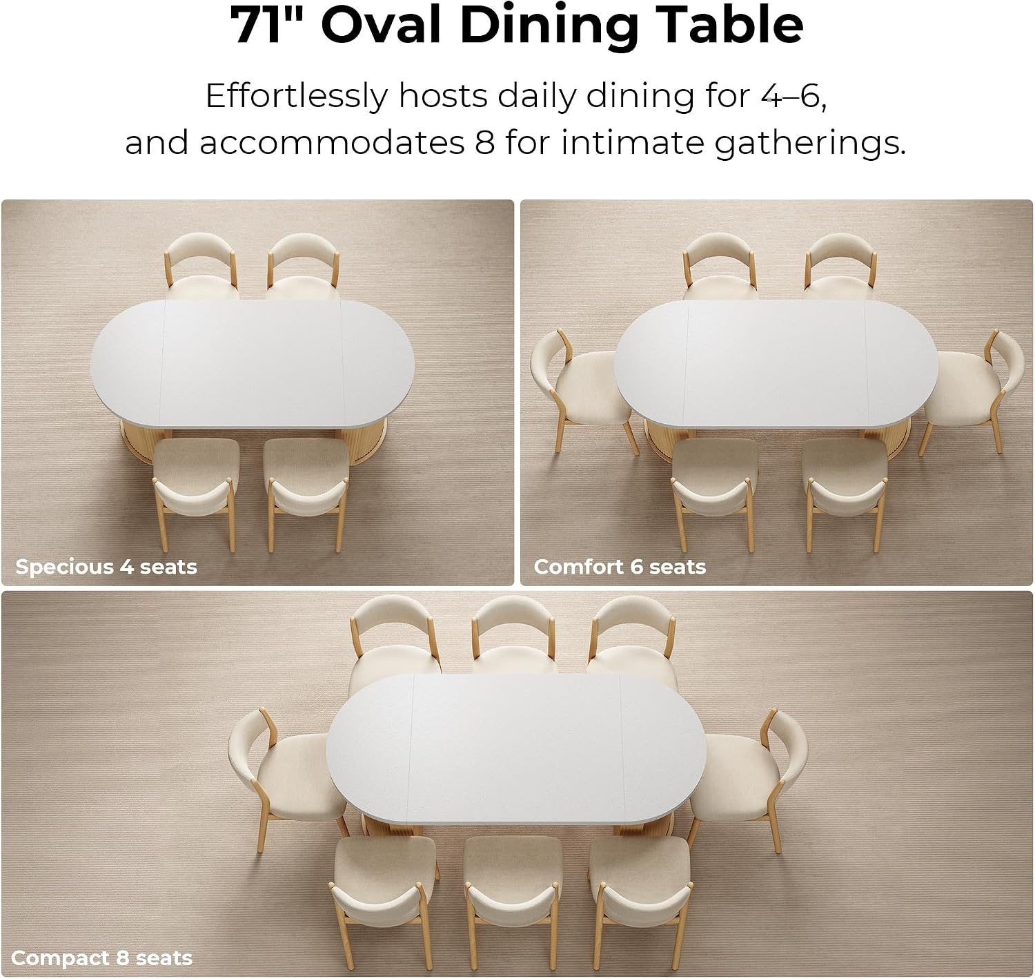 IRONCK 71" Oval Dining Table with Hidden Storage, Oak | Faux quartz-pattern laminate top, dual-sided cabinets, fluted engineered-wood base, and 397 lb capacity.