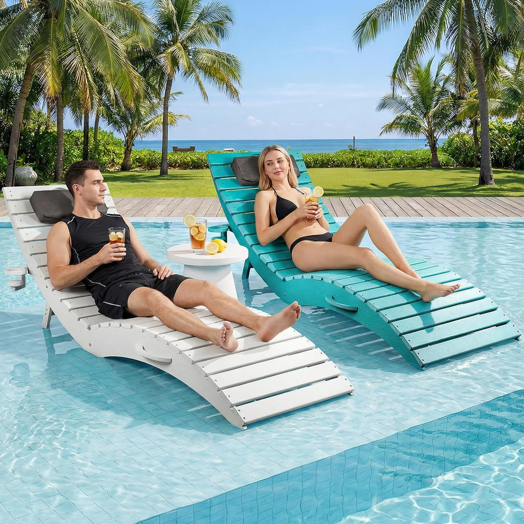 LETKIND Folding Pool Lounge Chairs Set of 2, Pre-Assembled HDPE Lounge Chair in-Pool Use, Patio Chaise Lounge Chair with Cup Holder Ideal for Hotel, Poolside, Beach & Sun Decks, White