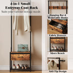 LUMTOK Hall Tree with Shoes Bench, Small Coat Rack with Fabirc Drawer and Shelf for Bedroom, 4-in-1 Entryway Organizer with Shoes Stool for Living Room, Entryway, Closets (Rustic Brown) (Brown, Small)