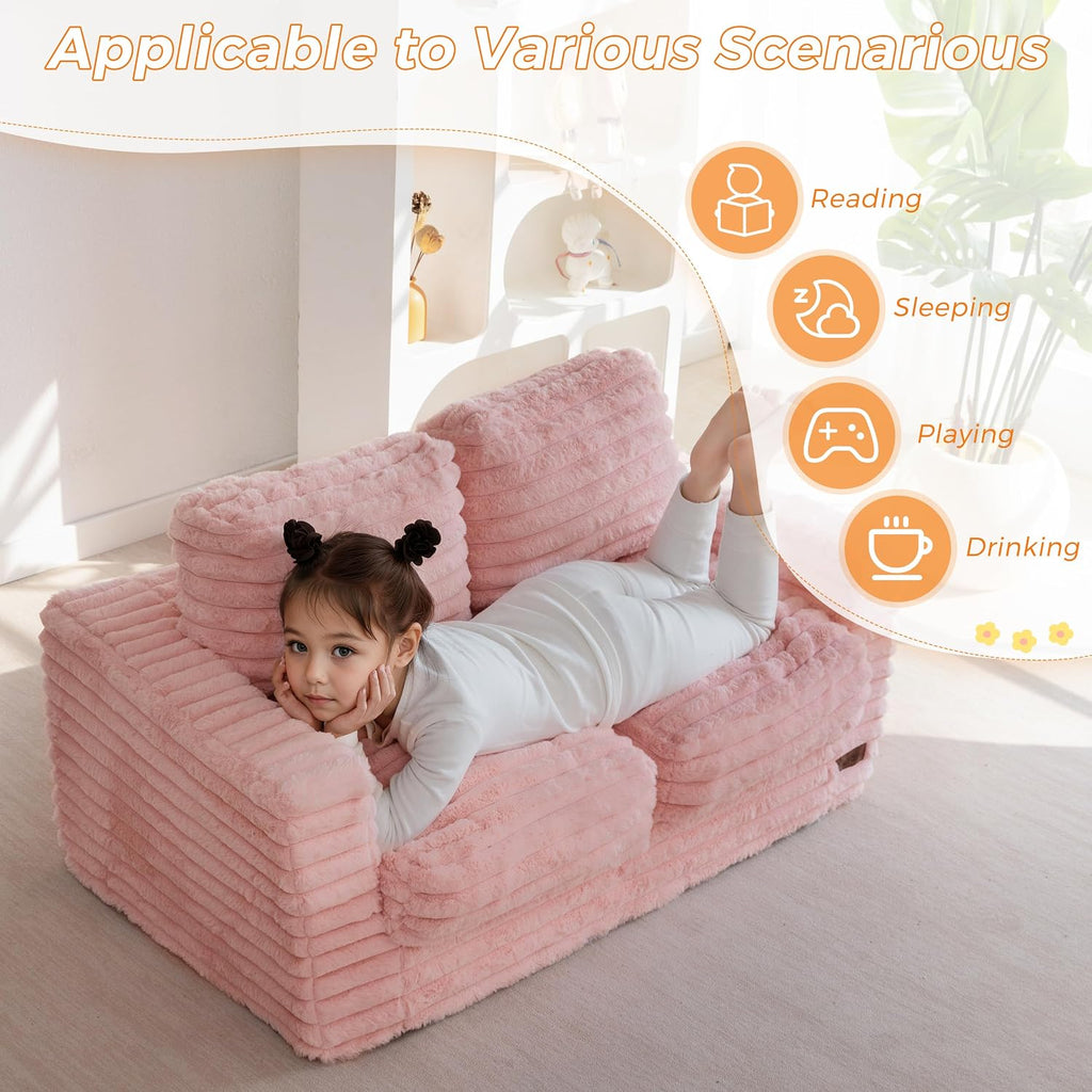 MAXYOYO Extra Wide Kids Bean Bag Chair, Comfy Faux Fur Bean Bag Sofa with Filler, Upholstered Floor Sofa with Pillows and Armrests, Lazy Floor Chair Couch for Boys and Girls, Pink