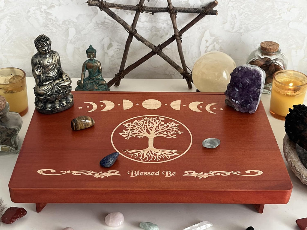 Altar Table, Tarot Card Holder, Meditation Table, Small Altar Table, Wooden Witch Altar, Wiccan Alter Table, Buddhist Shrine, Engraved Moon Phase and The Tree of Life on Table Top, 12 × 8 inches