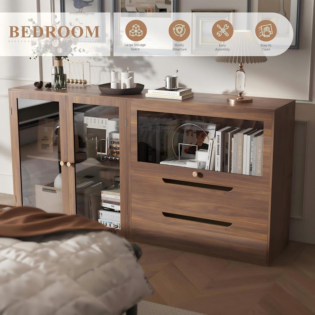 DIY Storage Cabinet 63'' Walnut - Glass Doors & Drawers Sideboard Buffet, Modern Coffee Bar for Living Room Kitchen Dining Entryway (Easy Assembly, Anti-Tip)