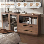 DIY Storage Cabinet 63'' Walnut - Glass Doors & Drawers Sideboard Buffet, Modern Coffee Bar for Living Room Kitchen Dining Entryway (Easy Assembly, Anti-Tip)