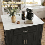 40“ L Black Kitchen Island with A 14.5” W Folding Faux Marble Tabletop, Wooden Kitchen Island with Power Outlet, Storage Cabinet & Drawer and Open Adjustable Shelving