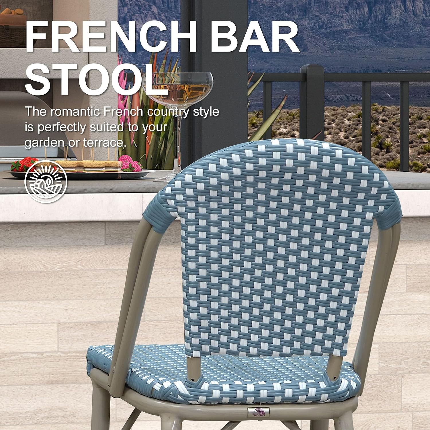 PURPLE LEAF Oversized Outdoor Counter Height Bar Stools Set of 2 26" French Bar Height Stool Bamboo Print Finish Patio Bar Stools with Back Rattan for Garden Kitchen, Light Blue