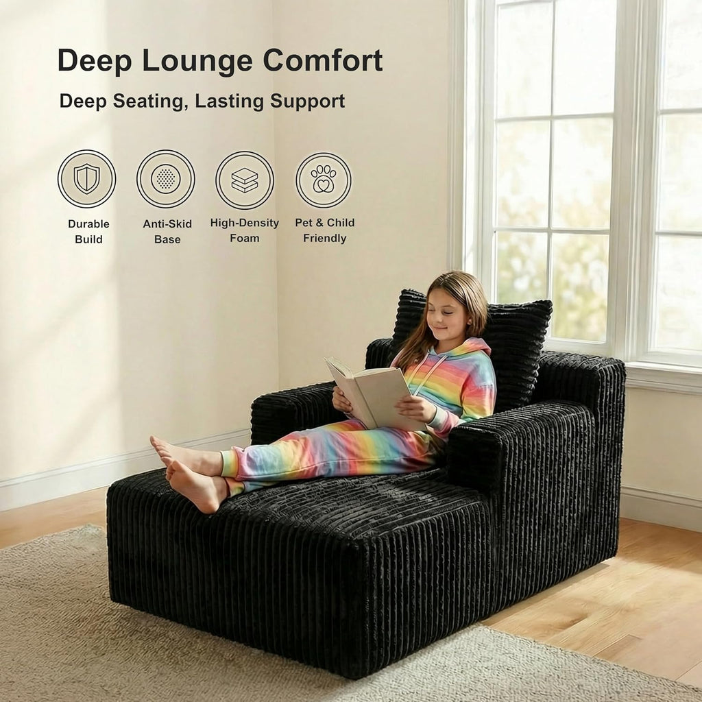 Chaise Lounge Chair, Plush Velvet Corduroy Boneless Sofa Bed for Kids, Teens & Adults, Compact Deep Seat for Bedroom Playroom Dorm & Small Apartment, 33D Foam, Anti-Skid, Black