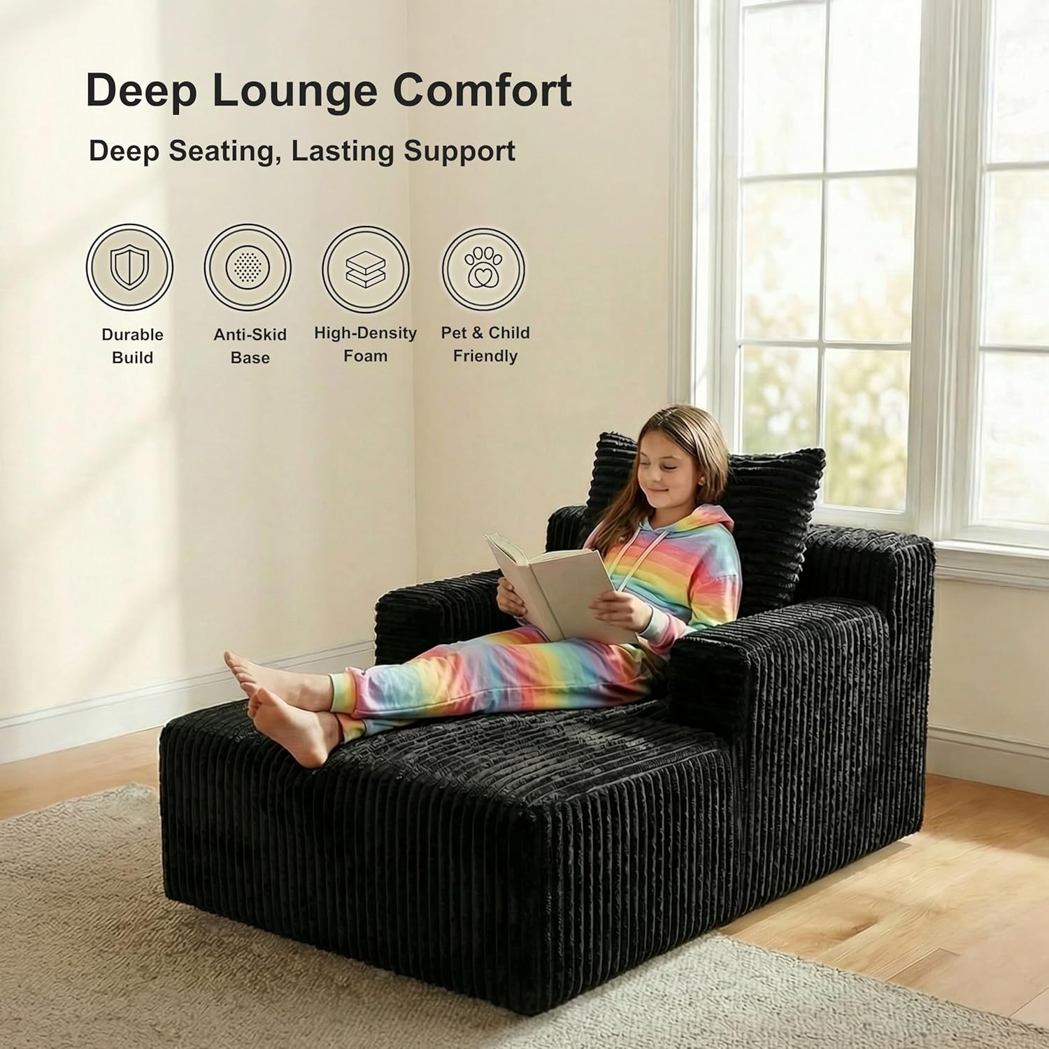 Chaise Lounge Chair, Plush Velvet Corduroy Boneless Sofa Bed for Kids, Teens & Adults, Compact Deep Seat for Bedroom Playroom Dorm & Small Apartment, 33D Foam, Anti-Skid, Black