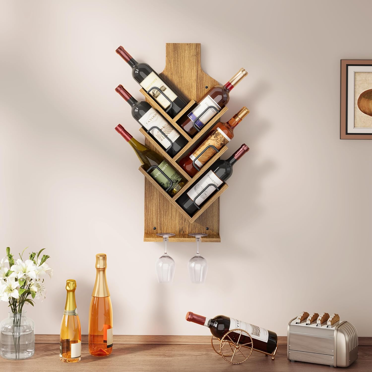 FAVOOSTY Wine Rack Wall Mounted for 6 Wine Bottles, Wall Racks for Wine Bottles Display and Storage with Glass Holder, Wood Wine Rack for Living Room, Dining Room, Wine Cellar, Bar (Light Brown)