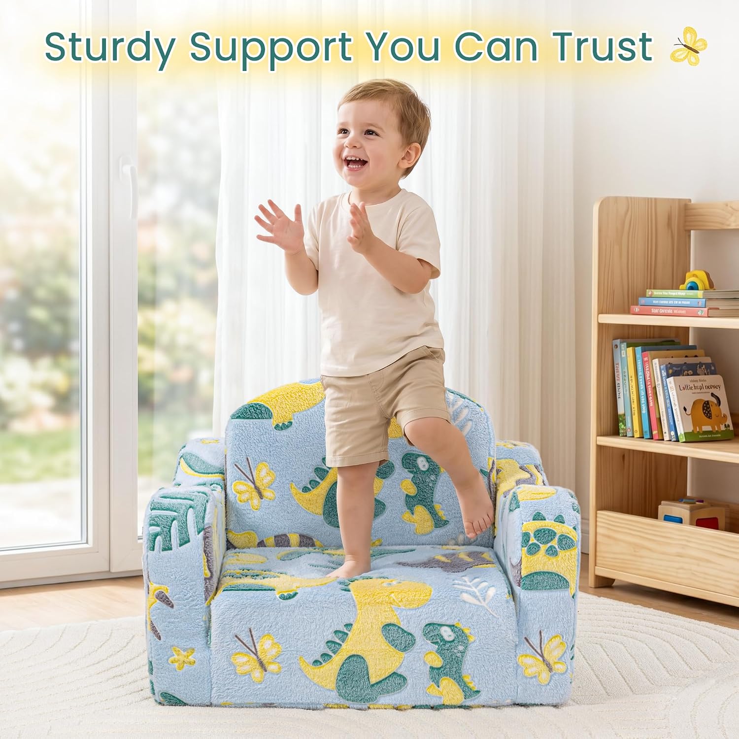 Comfy Kids Couch, 2-in-1 Fold Out Sofa Chair, Soft Foam Sofa for Playroom | Foam Support for Reading and Playing, Boys and Girls, Includes Cozy blanket, Dinosaur