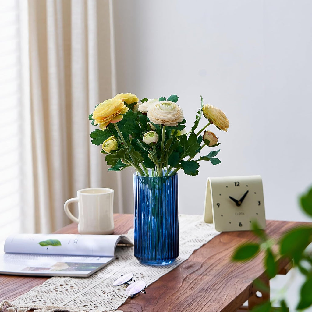 TIMEFOTO 7.5 inch Blue Glass Flower Vase for Pampas Grass, Medium Decorative Centerpiece Ribbed Vase for Dining Table, Office Desktop, Shelf Bookshelf, Mantel, Entryway, Bathroom, Countertop,Gift