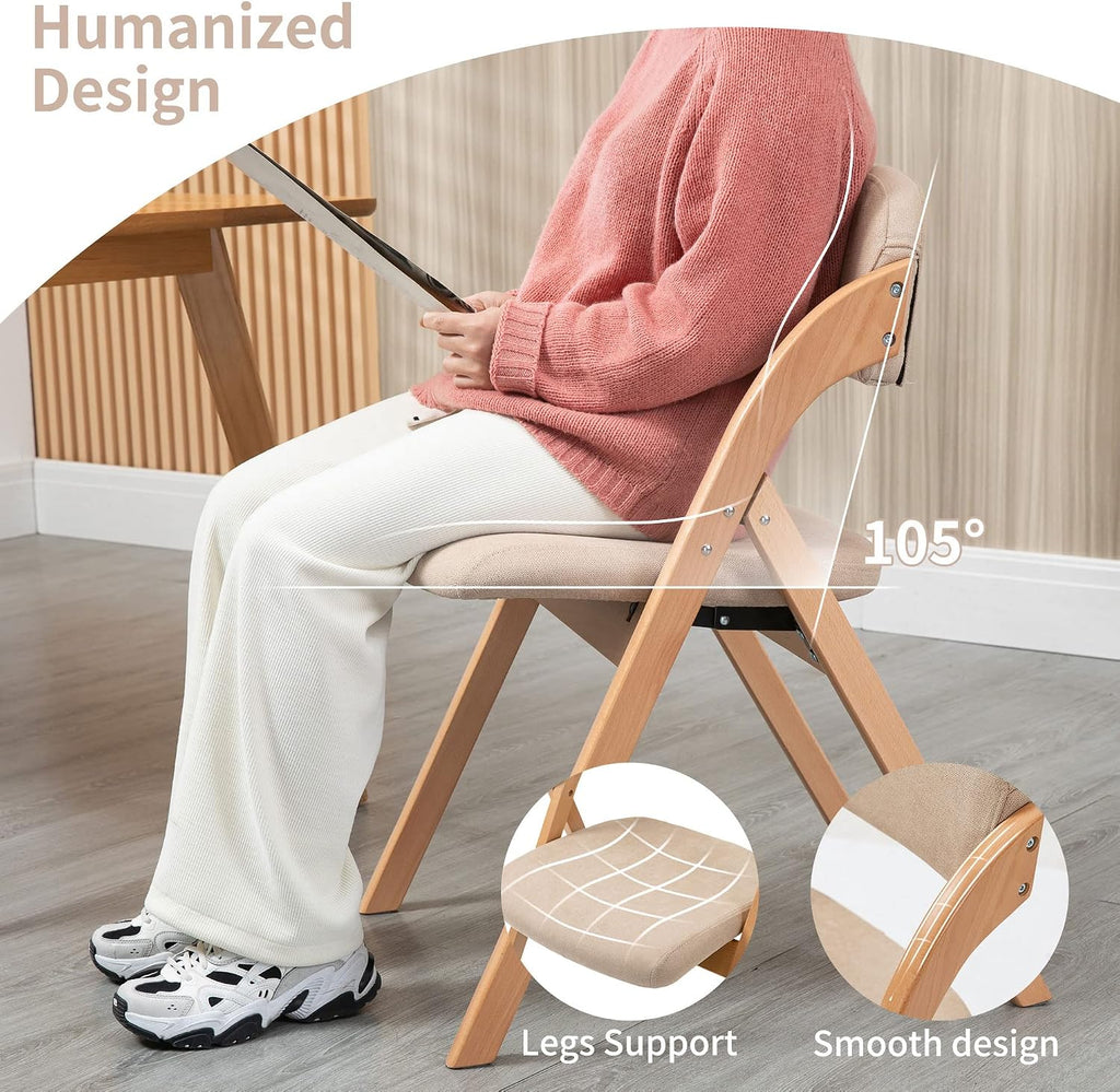 HOMEFUN Folding Chairs with Padded Seats, Wooden Stackable Dining Chair Set of 2 with Removable Cover Extra for Guests Kitchen Office Wedding Party Picnic, Khaki