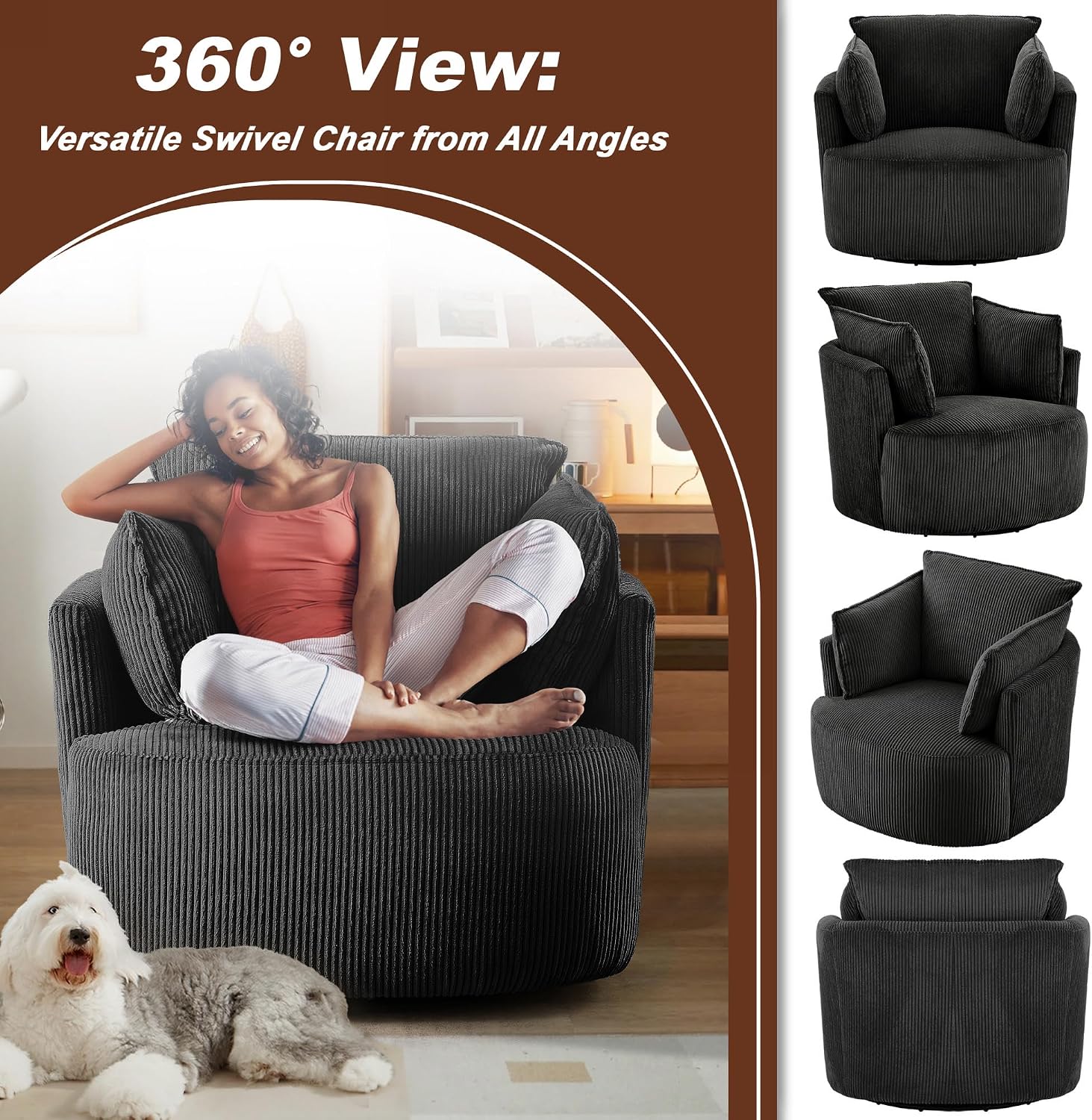 Swivel Accent Chair Round Barrel Armchair Upholstered Living Room Chair Corduroy Reading Chair Single Sofa Chair for Bedroom Apartment Office (Black, Standard 1Seater)