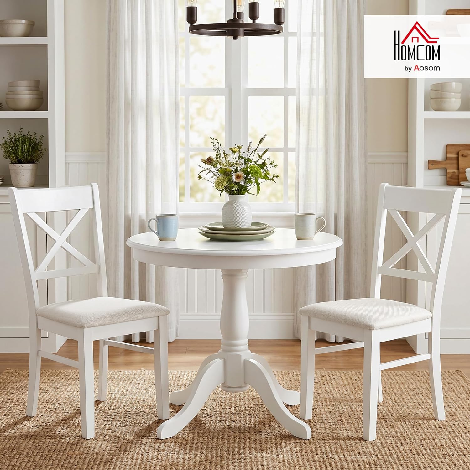HOMCOM Dining Chairs Set of 2, Upholstered Kitchen Chairs with Rubberwood Frame, Padded Seat and Cross Back for Living Room, Dining Room, Kitchen, White