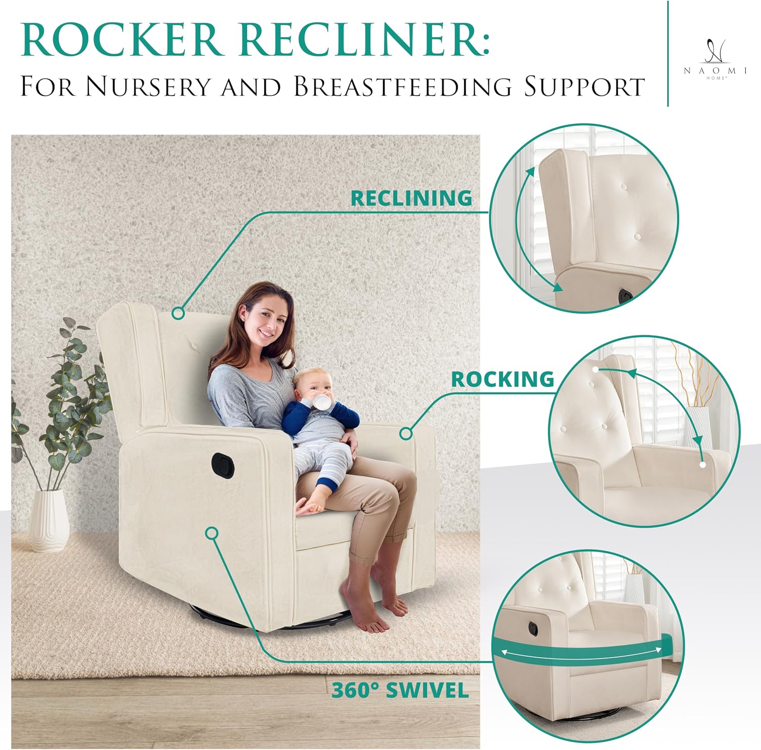 Naomi Home Swivel Rocker Recliner Chair for Adults and Elders, Comfortable Living Room Recliner with 360° Swivel, Manual Reclining with Adjustable Footrest, Ergonomic Back Support