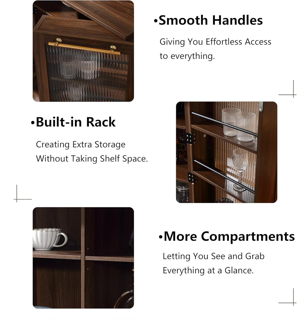 FOREST GRAVITY 34.6 inch Kitchen Pantry Storage Cabinet with 6 Built-in Racks for Better Storage, Modern Pantry Cabinet with Adjustable Shelves and Glass Doors,Wind Red