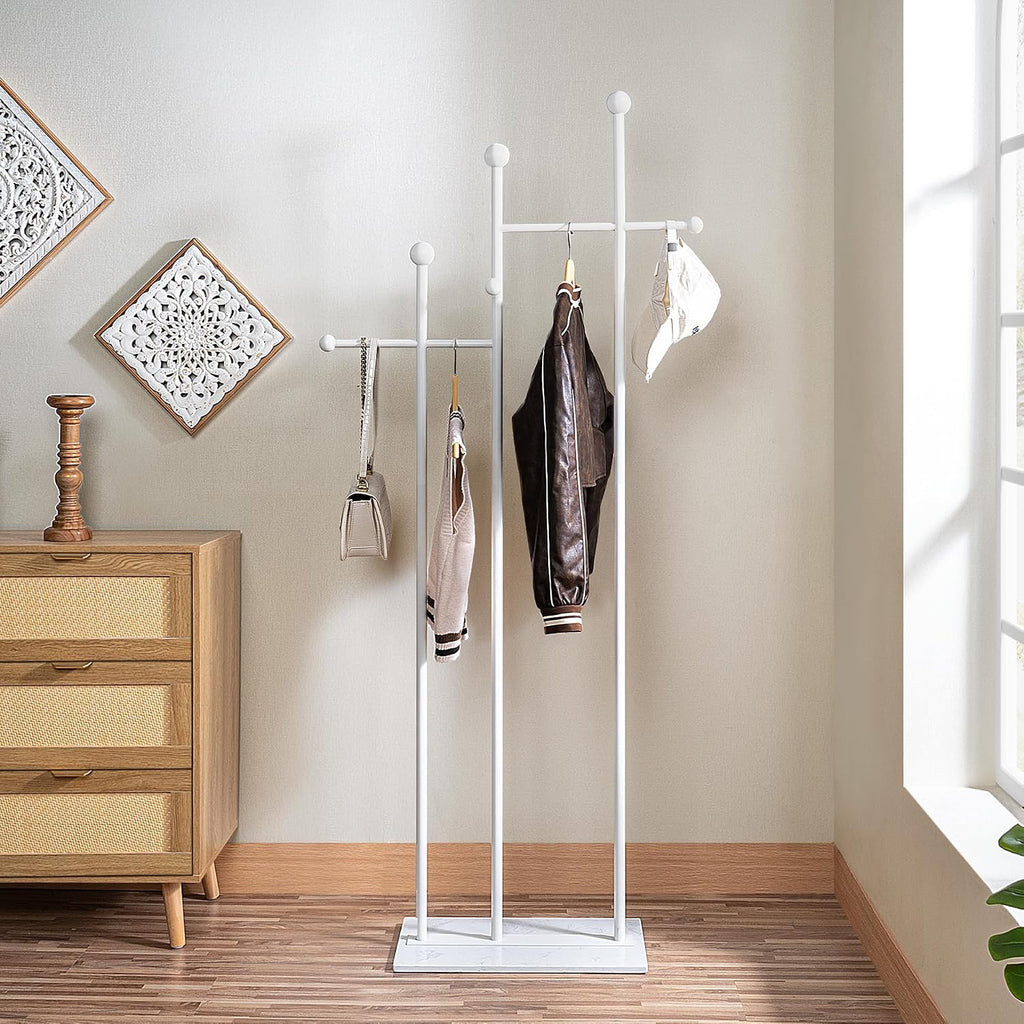 JIAYUEJU Standing Coat Rack for Bedroom 19.69 x 11.02 x 68.9 in (White) | Heavy Duty, Space Saver, Metal Frame, Marble Base, Essential Items Organizer for Clothes Bags, for Living Room Hotel Entryway