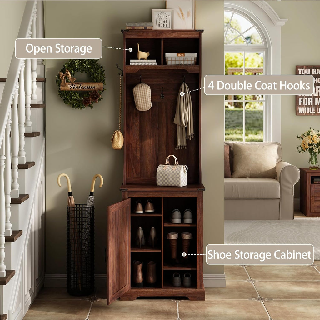 Maupvit Farmhouse Narrow Coat Rack with Shoe Storage, 6 Shoe Cubbies & 4 Coat Hooks, Hall Tree with Shoe Storage, Entryway Bench with Adjustable Shelves for Hallway, Living Room, Mudroom, Brown