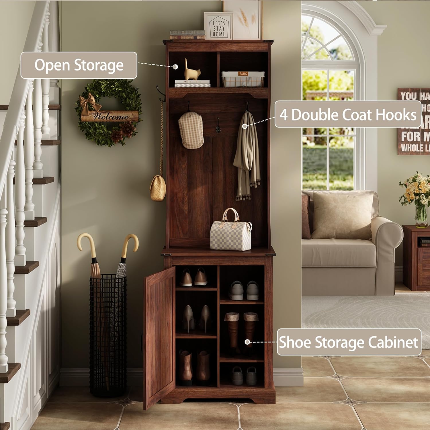 Maupvit Farmhouse Narrow Coat Rack with Shoe Storage, 6 Shoe Cubbies & 4 Coat Hooks, Hall Tree with Shoe Storage, Entryway Bench with Adjustable Shelves for Hallway, Living Room, Mudroom, Brown