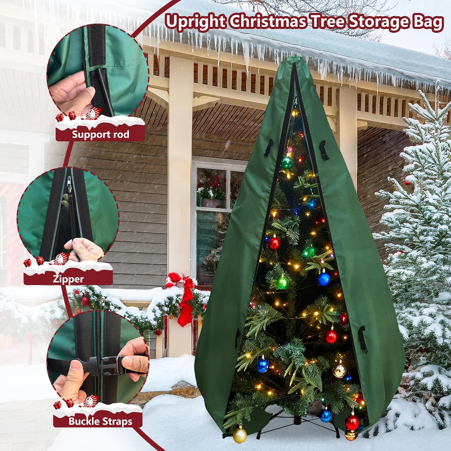 Upright Christmas Tree Storage Bag 7.5Ft,Christmas Tree Covers for Upright Storage for 7 Ft /7.5 Ft Artificial Christmas Trees with Ornaments,Equipped with Patented Support Rod Technology-Green