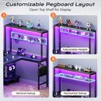PRAISUN 51.2" L Shaped Gaming Desk with Power Outlets & USB-C Port, LED Lights, Computer Desk with Pegboard, Corner Desk with Storage Shelves & Bag, Office Desk with CPU Stand for Home Office, Black