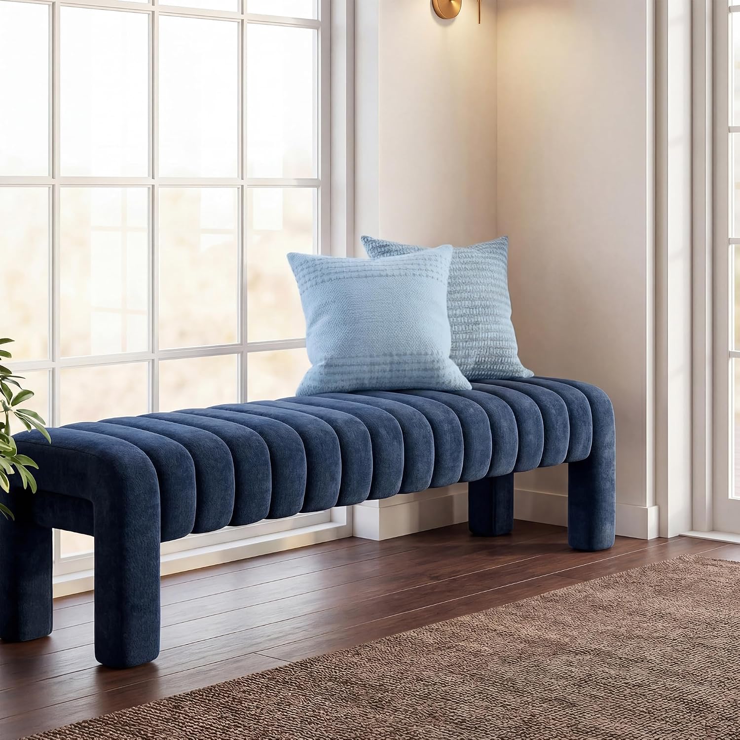 63" Bedroom Bench, Upholstered Entryway Bench, Modern End of Bed Ottoman with Solid Wood Legs and Adjustable Foot Pegs for Entryway, Dining Room and Living Room (Blue Chenille)
