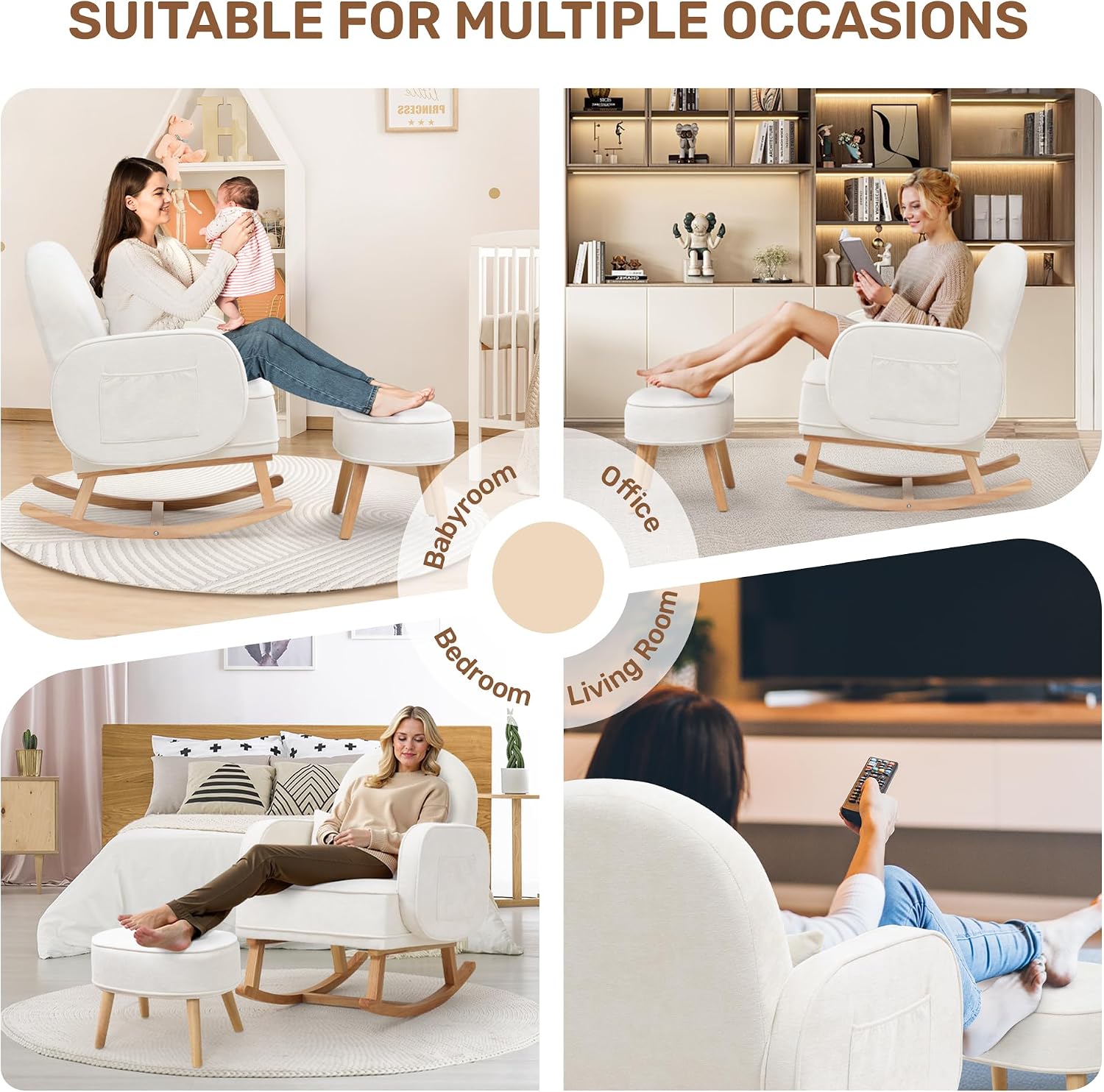 HCHAIRH Rocking Chair with Ottoman, Upholstered Glider Rocker with High Backrest and Side Pocket, Comfy Chenille Reading Chair with Solid Wood Legs for Nursery, Living Room,Bedroom Beige