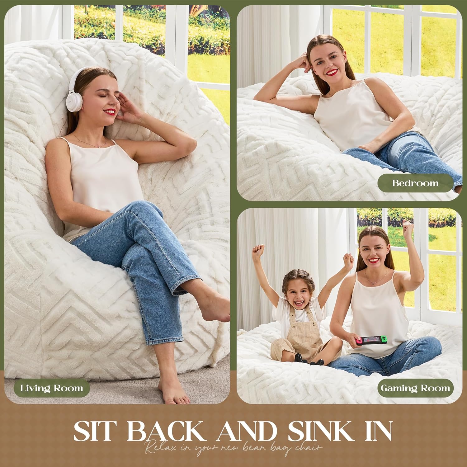 Hobestluk Bean Bag Chair Giant Beanbag Washable LivingRoom 5FT White Adult | Memory foam,Ergonomic Design,Breathable Detachable Cover,Removable,Easy Clean,2-Way-Use,No Assembly Required,Bedroom Dorm