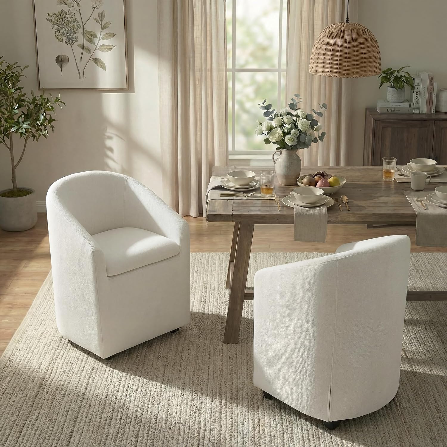 KISLOT Upholstered Dining Chairs with Casters, Washable Cover Modern Dining Room Chairs with Barrel Backrest & Dual Armrest for Kitchen, Living Room, Bedroom, Linen Fabric, 4PCS
